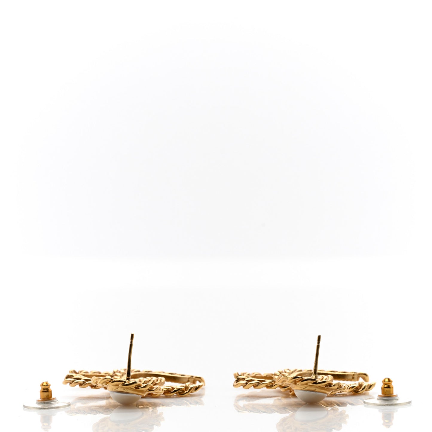 Metal Pearl CC Chain Drop Earrings Gold
