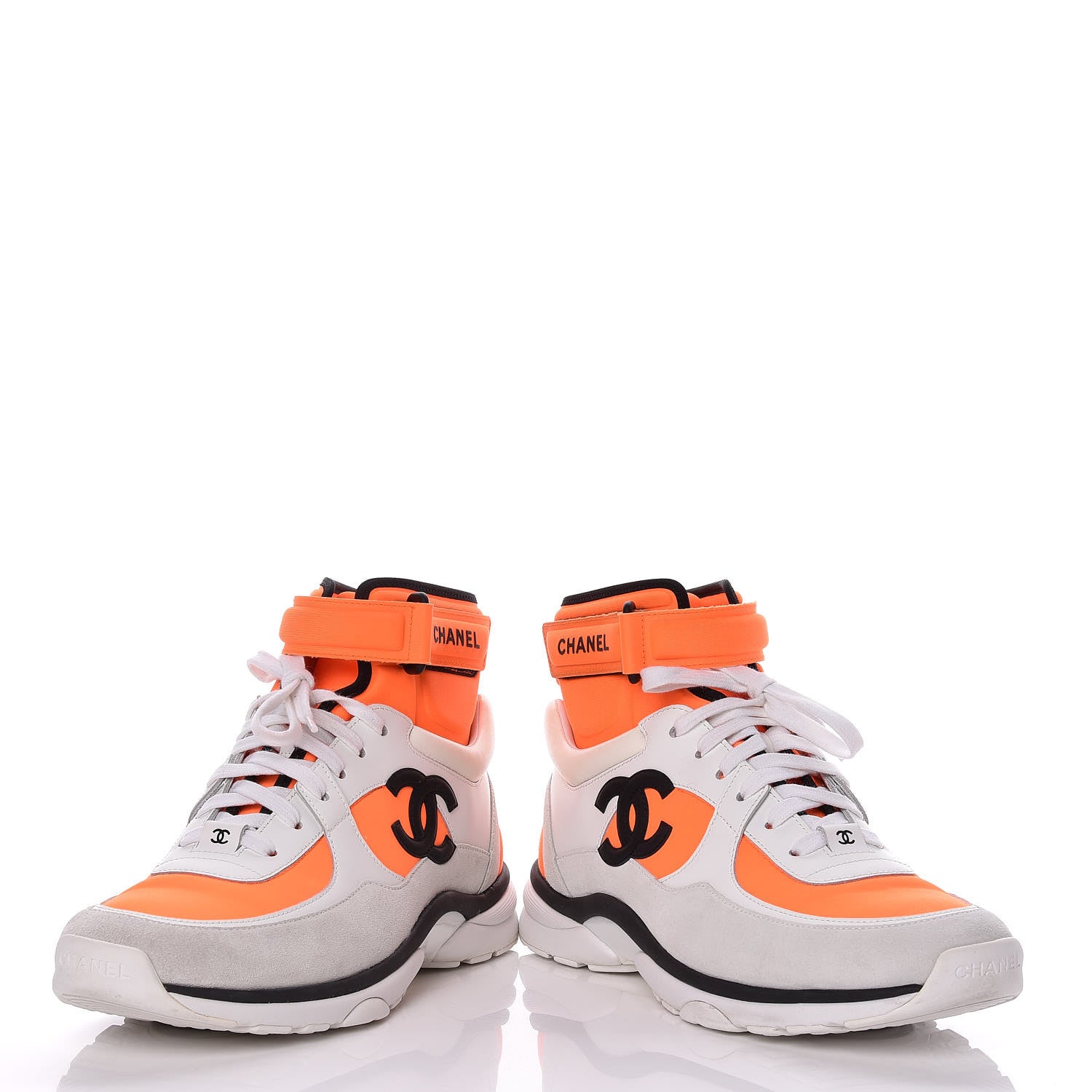 Chanel Suede Calfskin Lambskin Neoprene High Top CC Sneakers White Fluo Orange 6 of 10