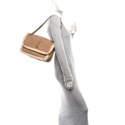 Saint Laurent Nubuck Shearling Monogram Medium Niki Chain Satchel Ivory Natural Tan 2 of 9