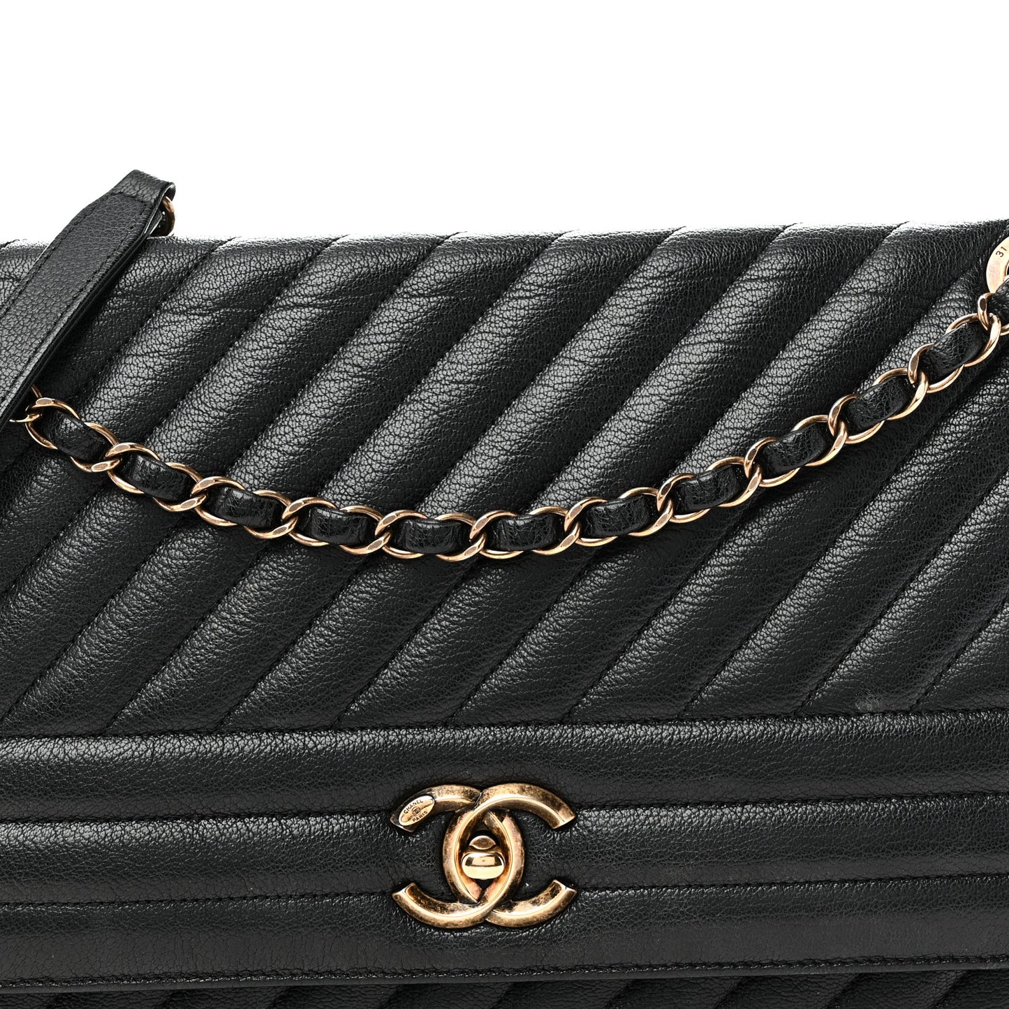 Shiny Goatskin Diagonal Quilted Large Flap Black