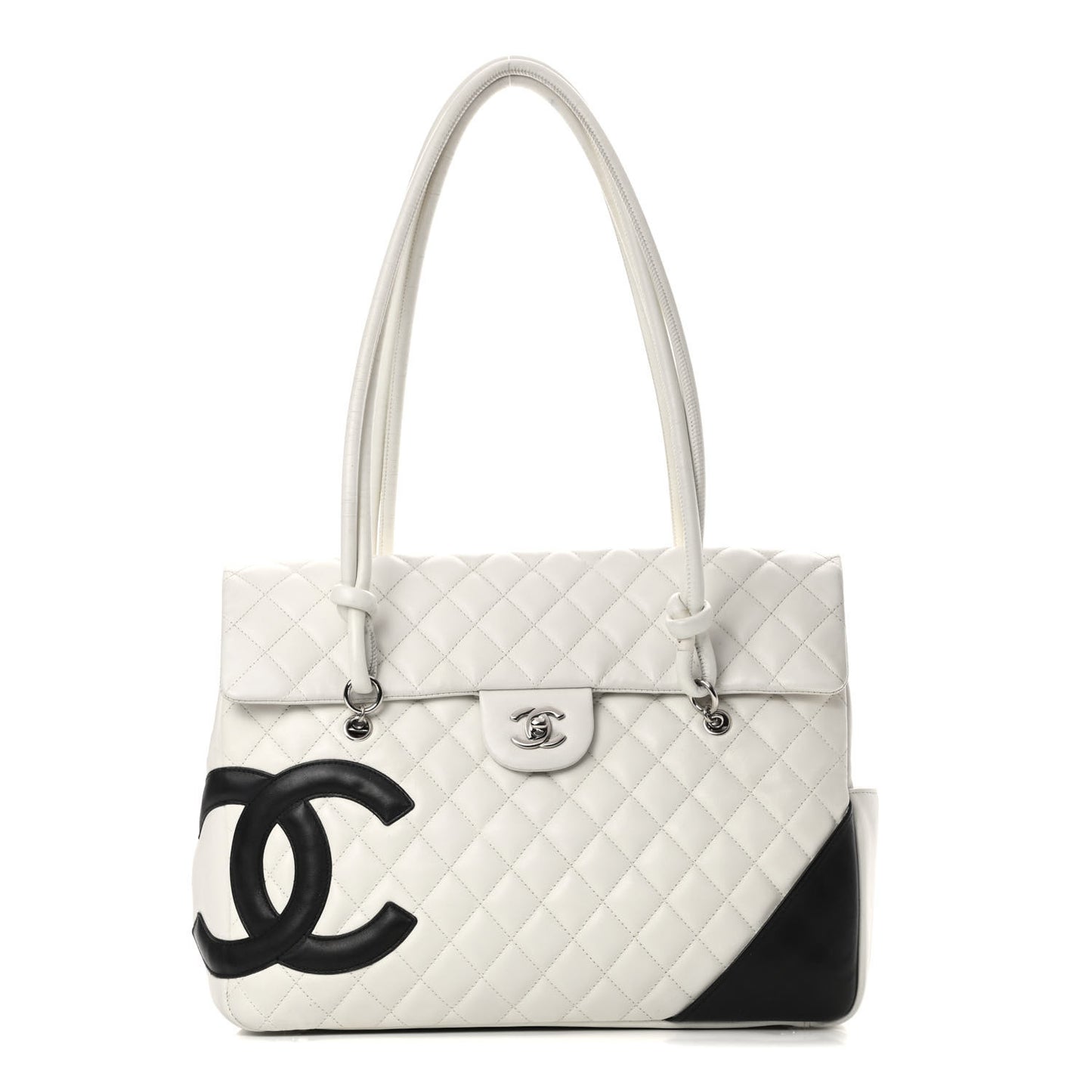 Calfskin Quilted Large Cambon Flap White Black