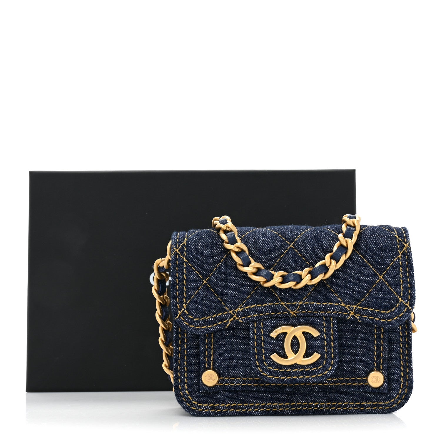 Chanel Denim Quilted Double You Card Holder On Chain Blue 10 of 10