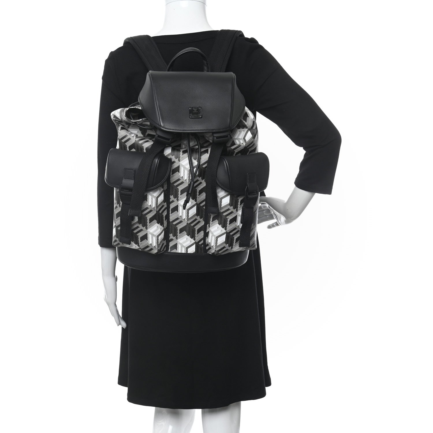 MCM Canvas Nappa Cubic Monogram Medium Two-Pocket Brandenburg Backpack Black White 2 of 10