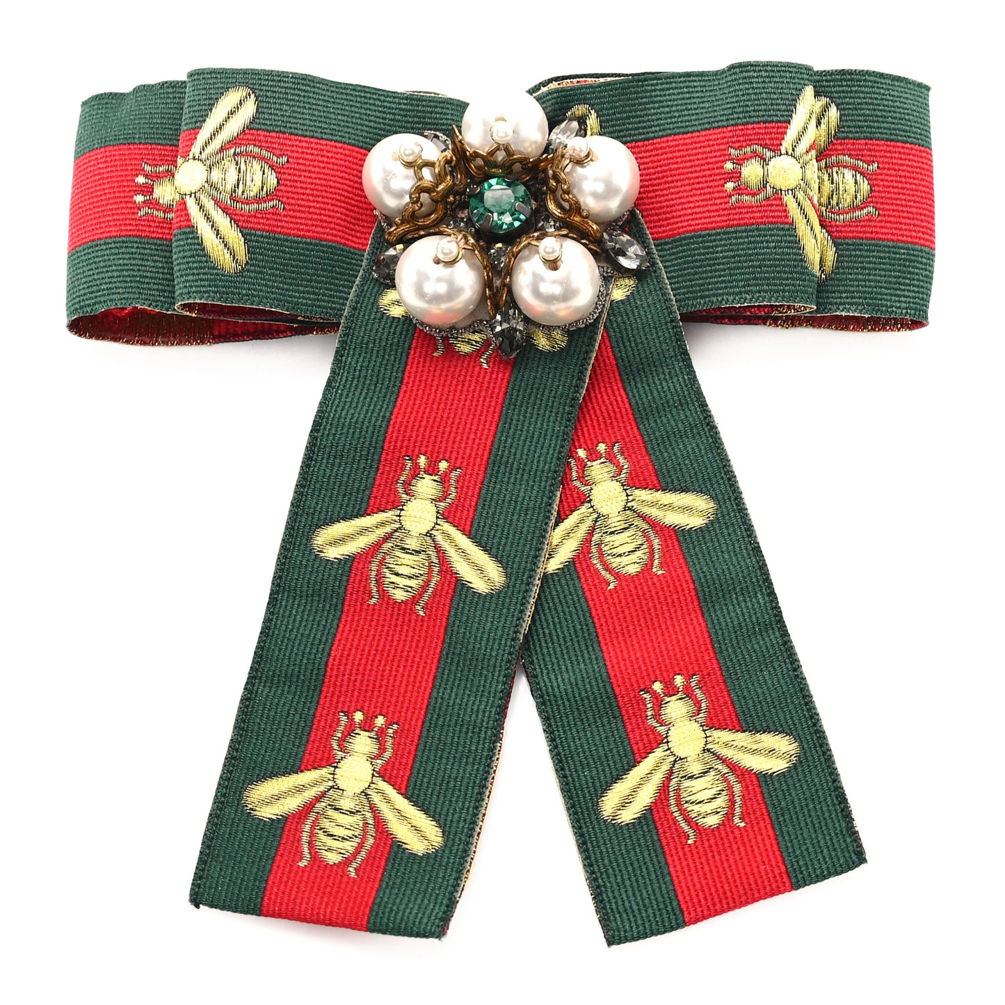 Ribbon Web Bow Bee Pearl Brooch Red Green