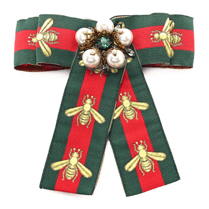 Gucci Ribbon Web Bow Bee Pearl Brooch Red Green 1 of 4