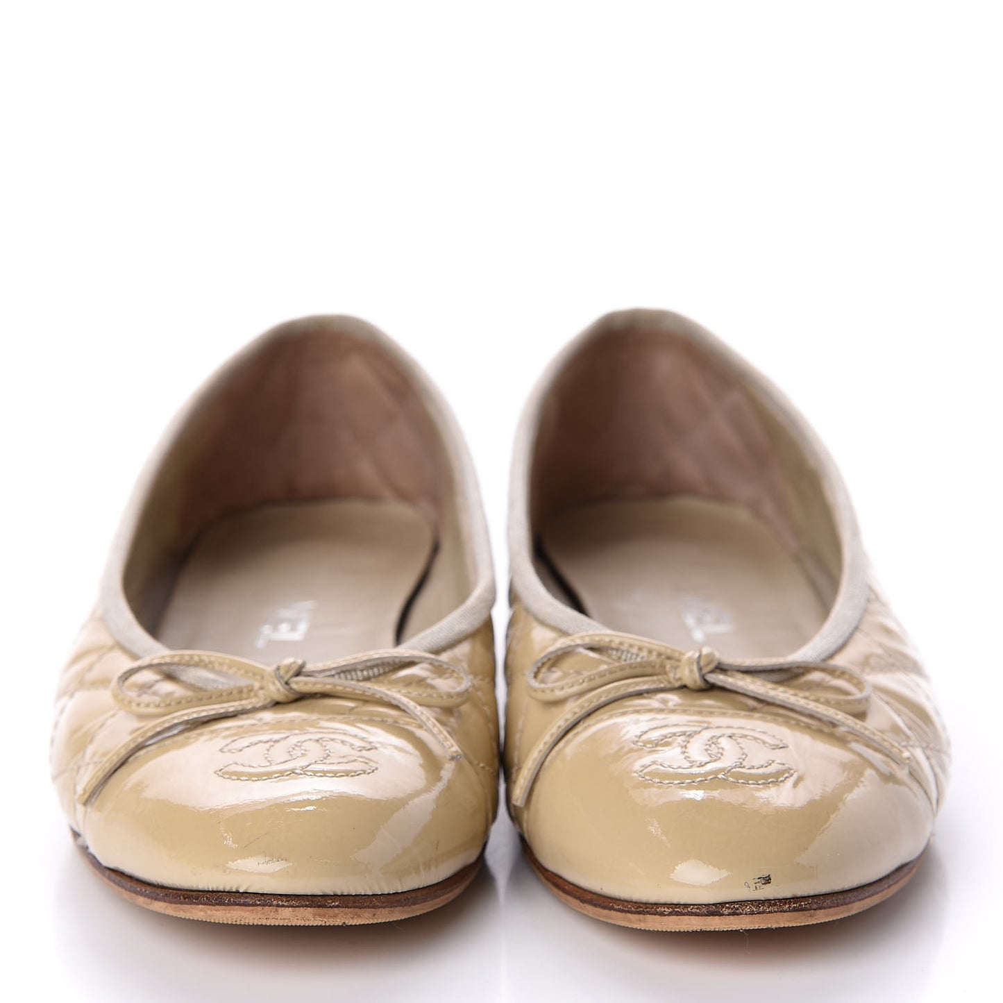 Patent Calfskin Quilted Cap Toe CC Ballerina Flats 38 Beige
