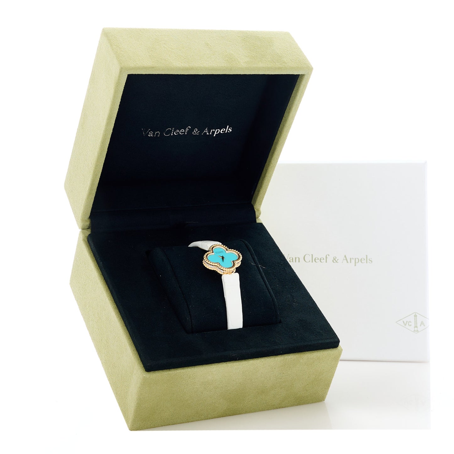 18K Yellow Gold Alligator Diamond Turquoise 22mm Sweet Alhambra Quartz Watch