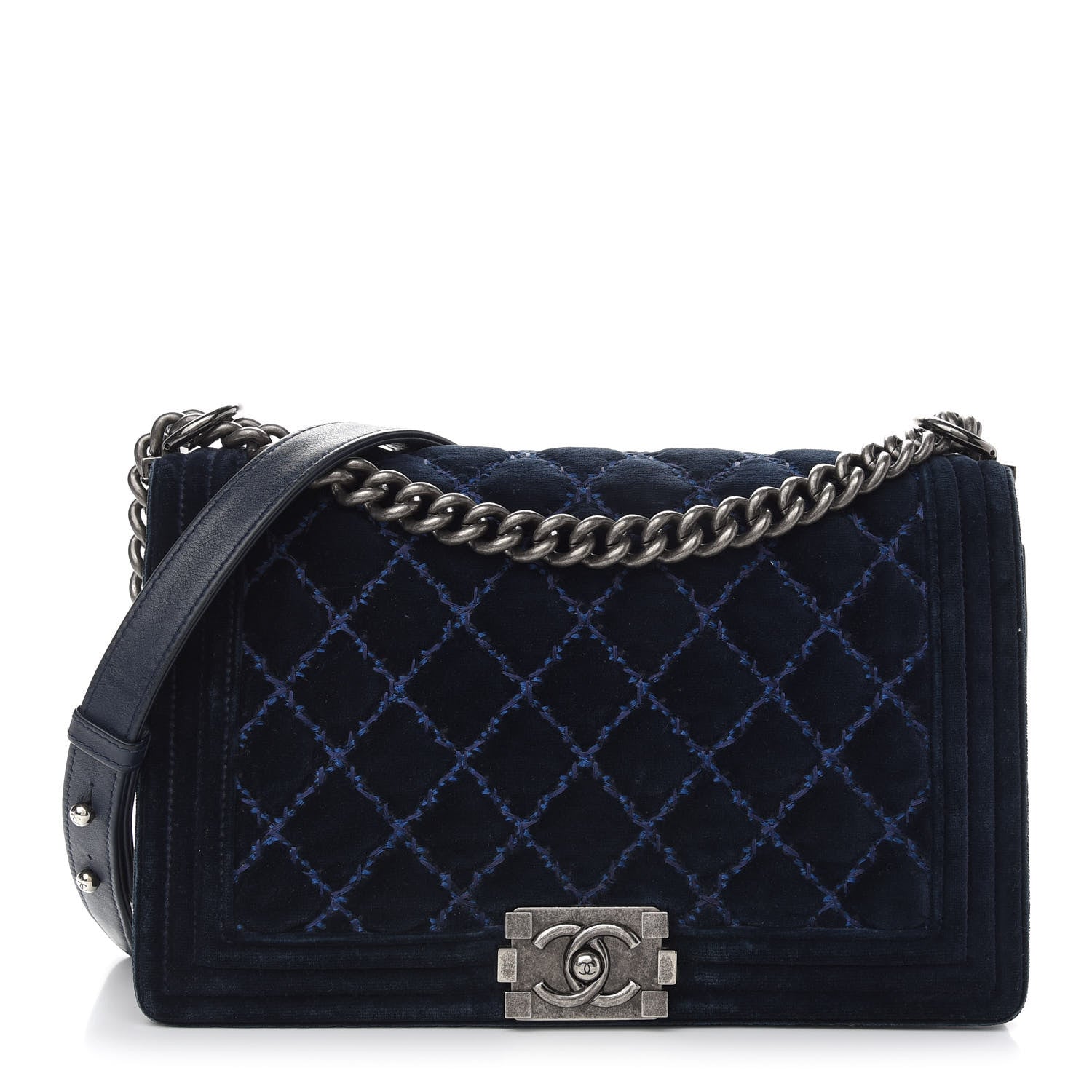 Chanel Velvet Tweed Quilted New Medium Boy Flap Dark Navy Blue 1 of 10