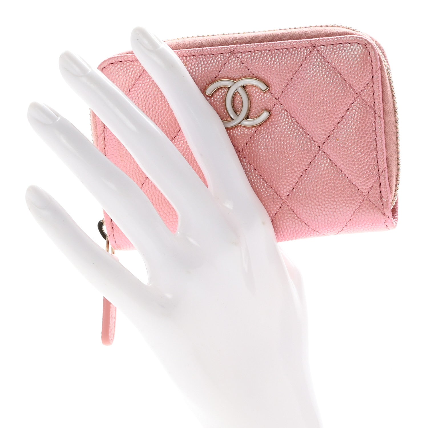 FASHIONPHILE Iridescent Caviar Quilted Zip Coin Purse Pink 2 of 9