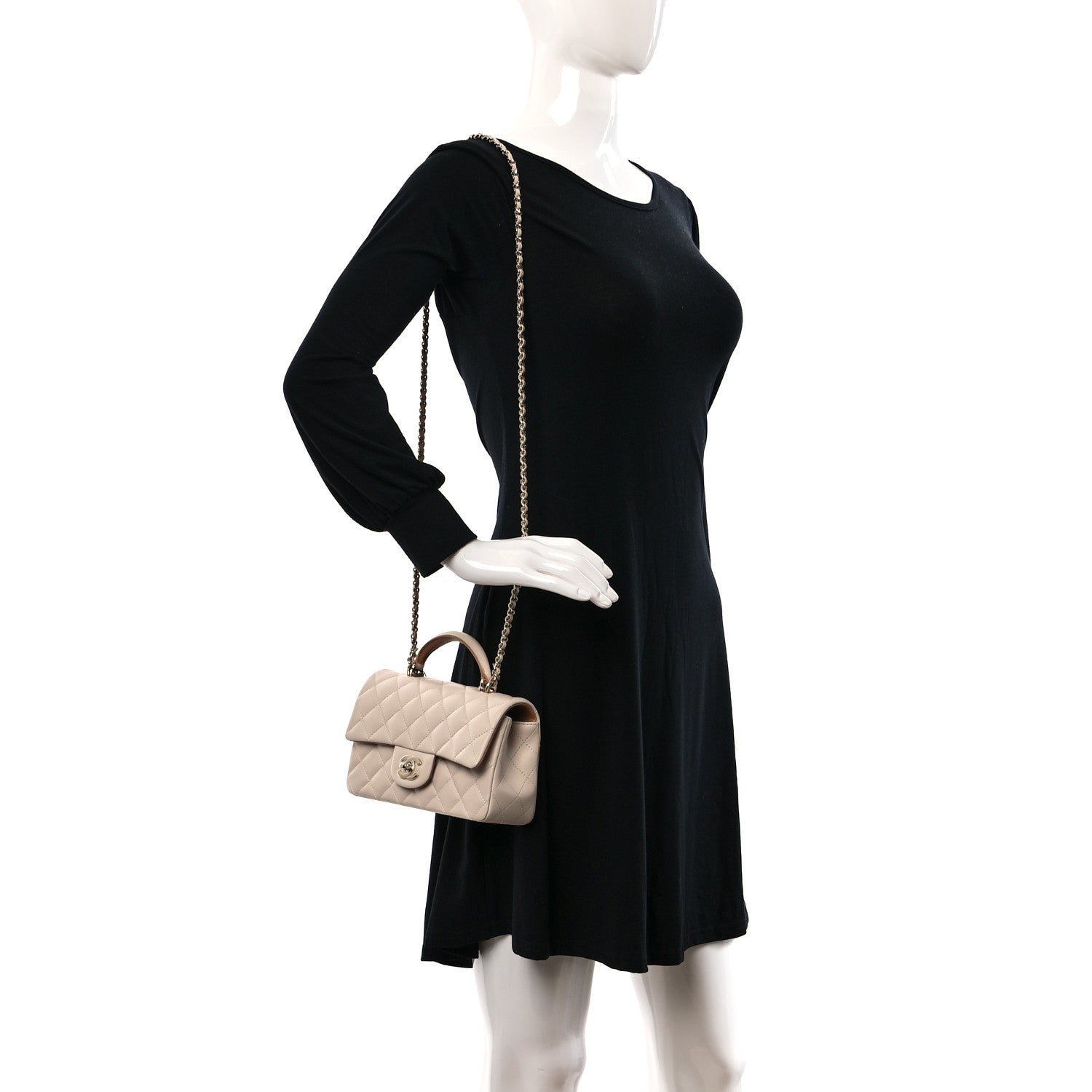 Chanel Lambskin Quilted Bi-Color Mini Top Handle Rectangular Flap Ecru Dark Beige 2 of 10