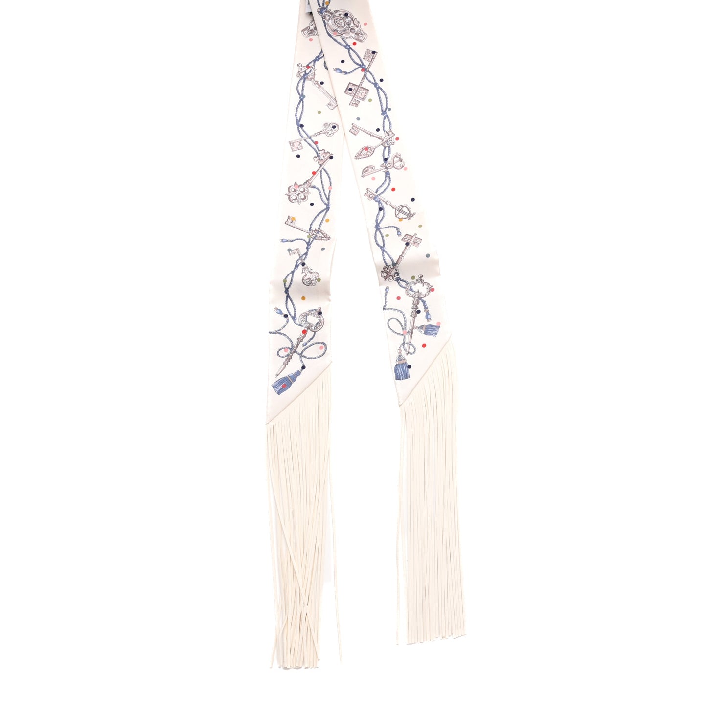 Silk Calfskin Les Cles A Pois Fringed Twilly Creme Gris Perle Multicolor