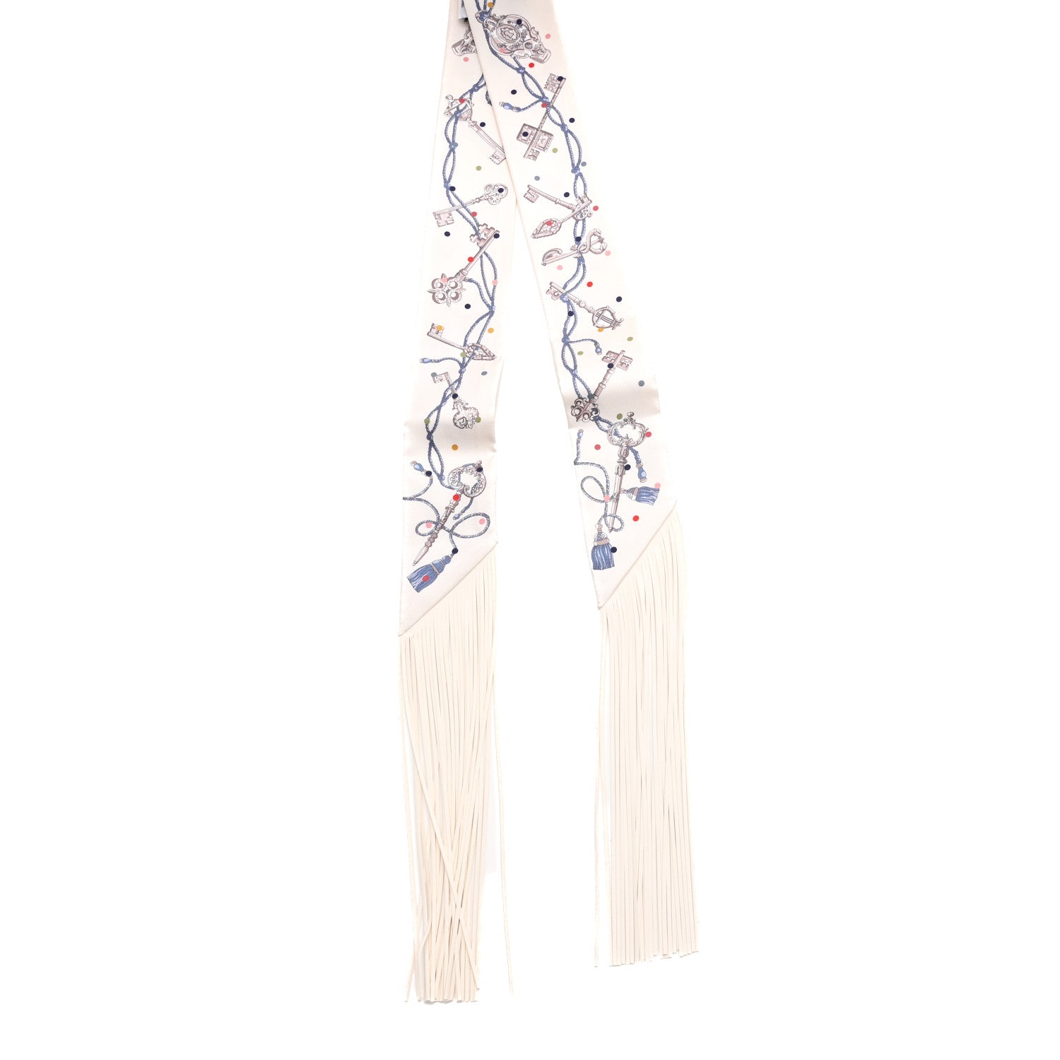 Hermes Silk Calfskin Les Cles A Pois Fringed Twilly Creme Gris Perle Multicolor 2 of 4