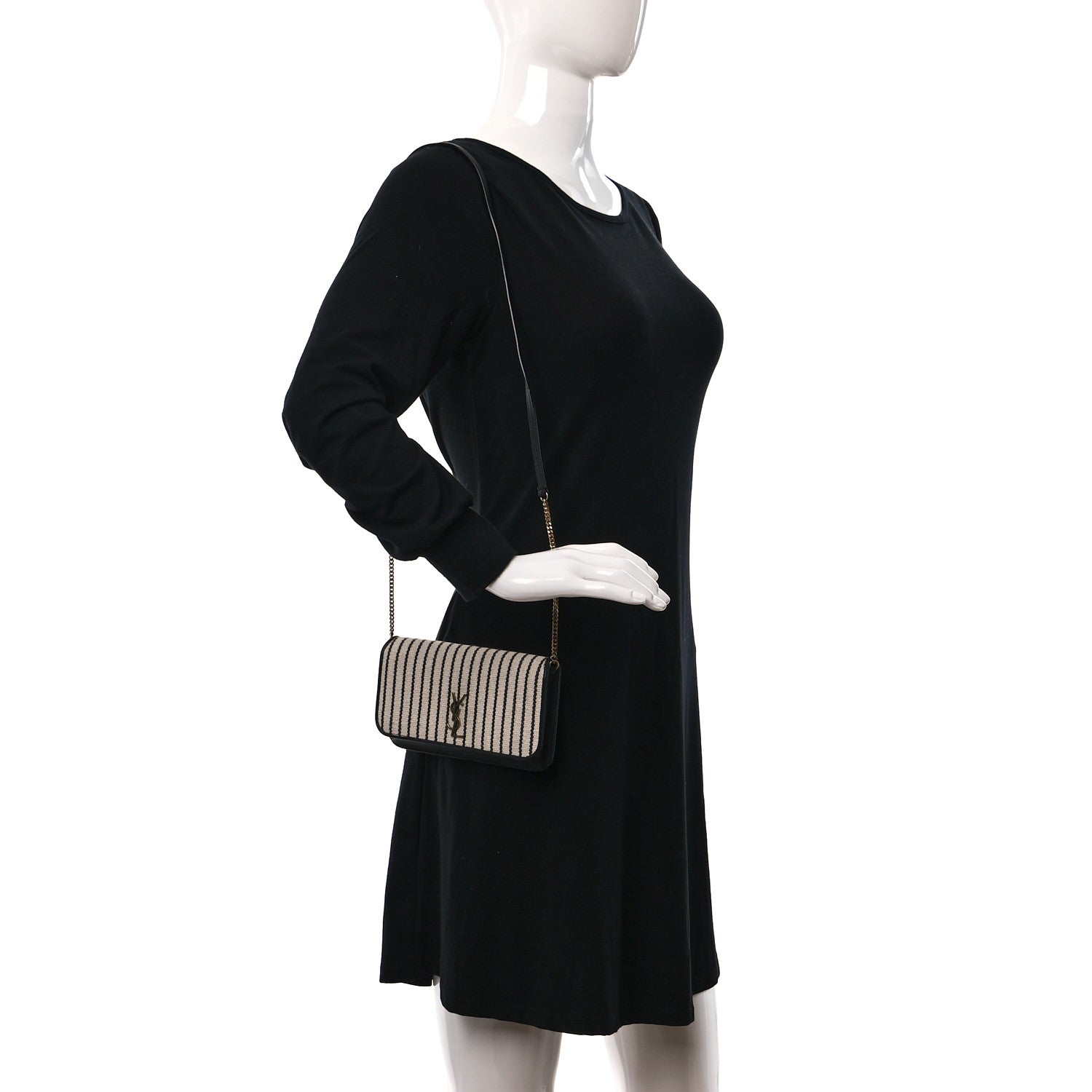 Saint Laurent Canvas Striped Phone Holder Crossbody Beige Black 2 of 10