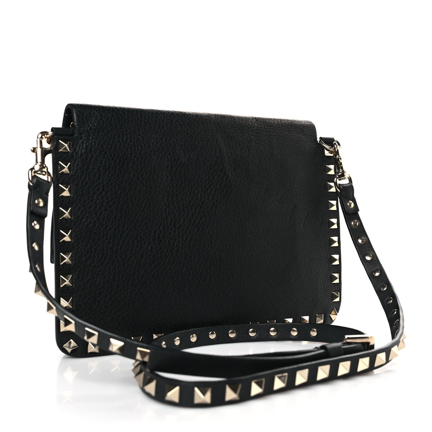 Pebbled Calfskin Rockstud Side Slip Crossbody Black