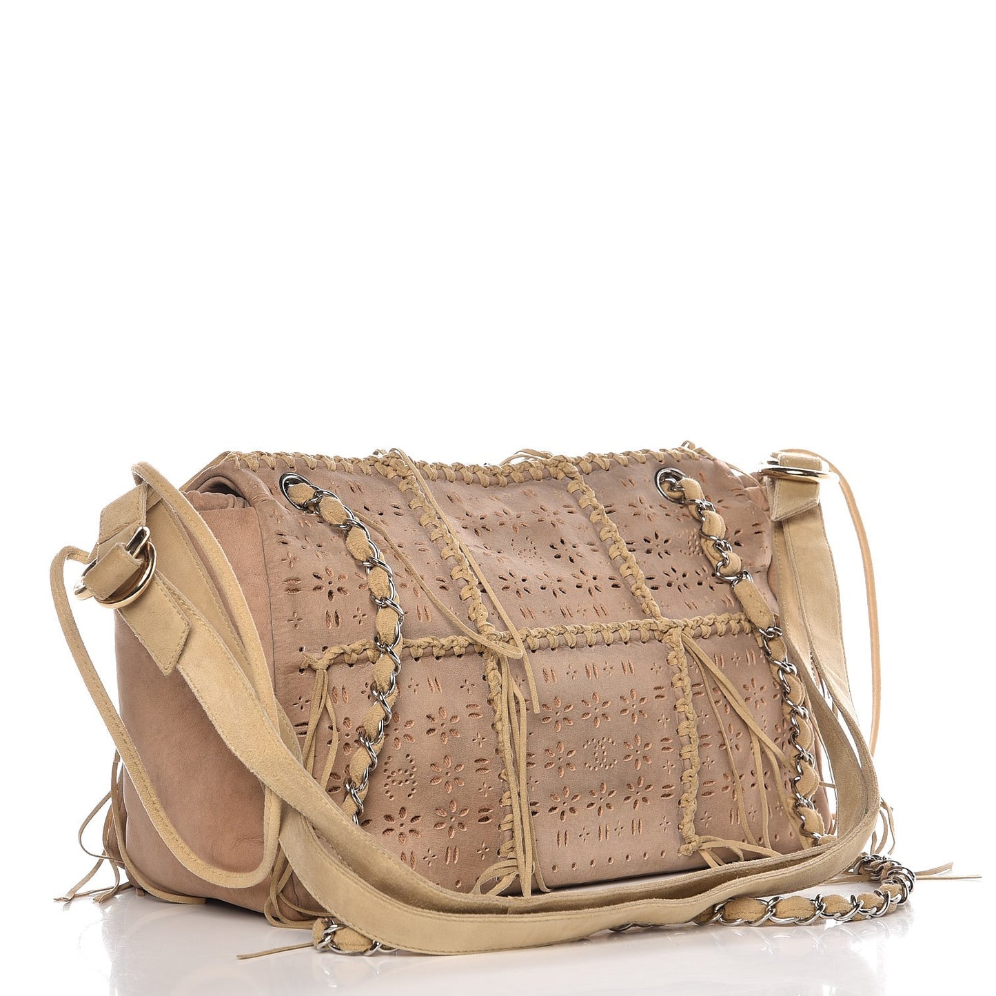 Suede Calfskin Perforated Fringe Flap Beige