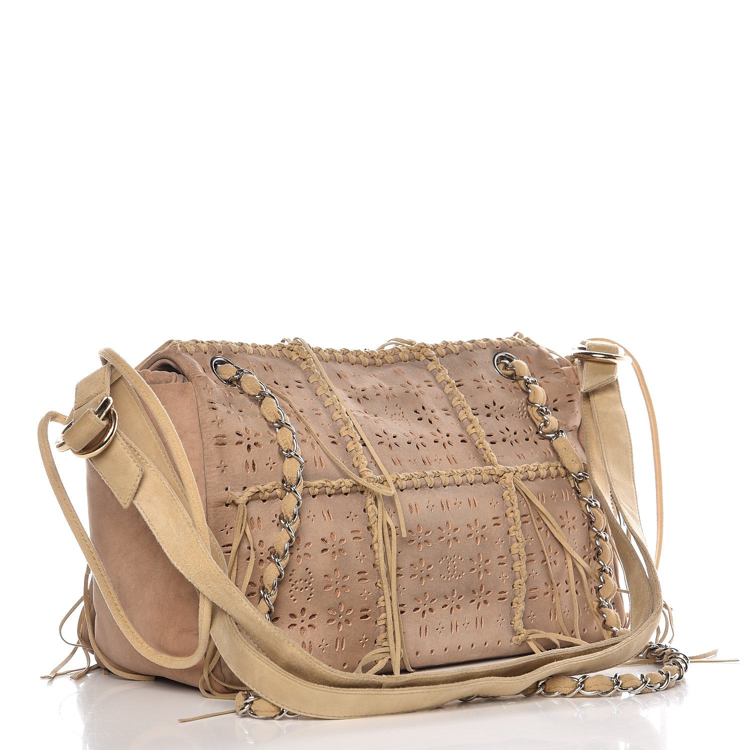 Chanel Suede Calfskin Perforated Fringe Flap Beige 5 of 14