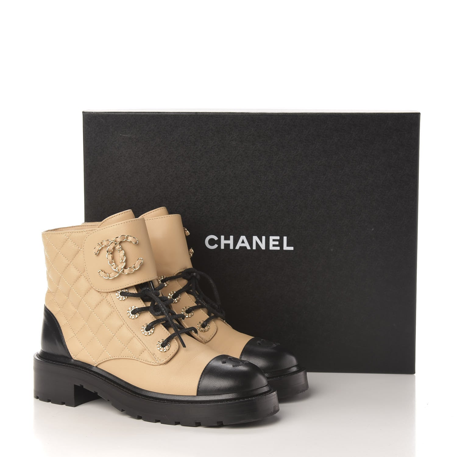 Chanel Lambskin Calfskin Quilted Lace Up Combat Boots 38.5 Beige Black 9 of 9