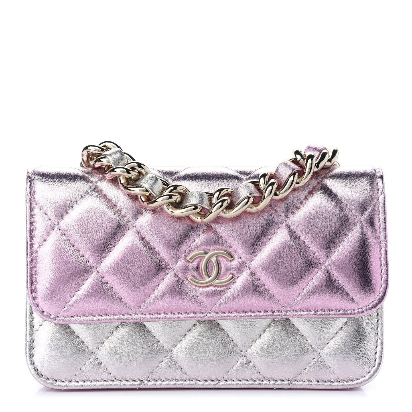 Gradient Metallic Lambskin Quilted Clutch With Chain Gold Pink
