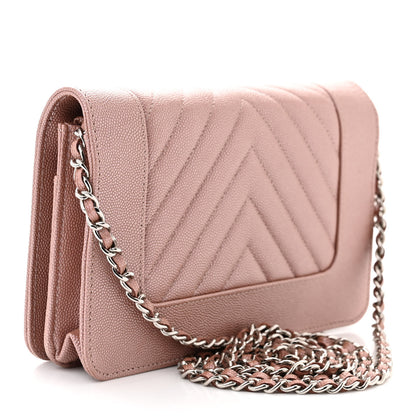 Chanel Metallic Caviar Chevron Quilted Vintage Mademoiselle Wallet On Chain WOC Pink 3 of 12