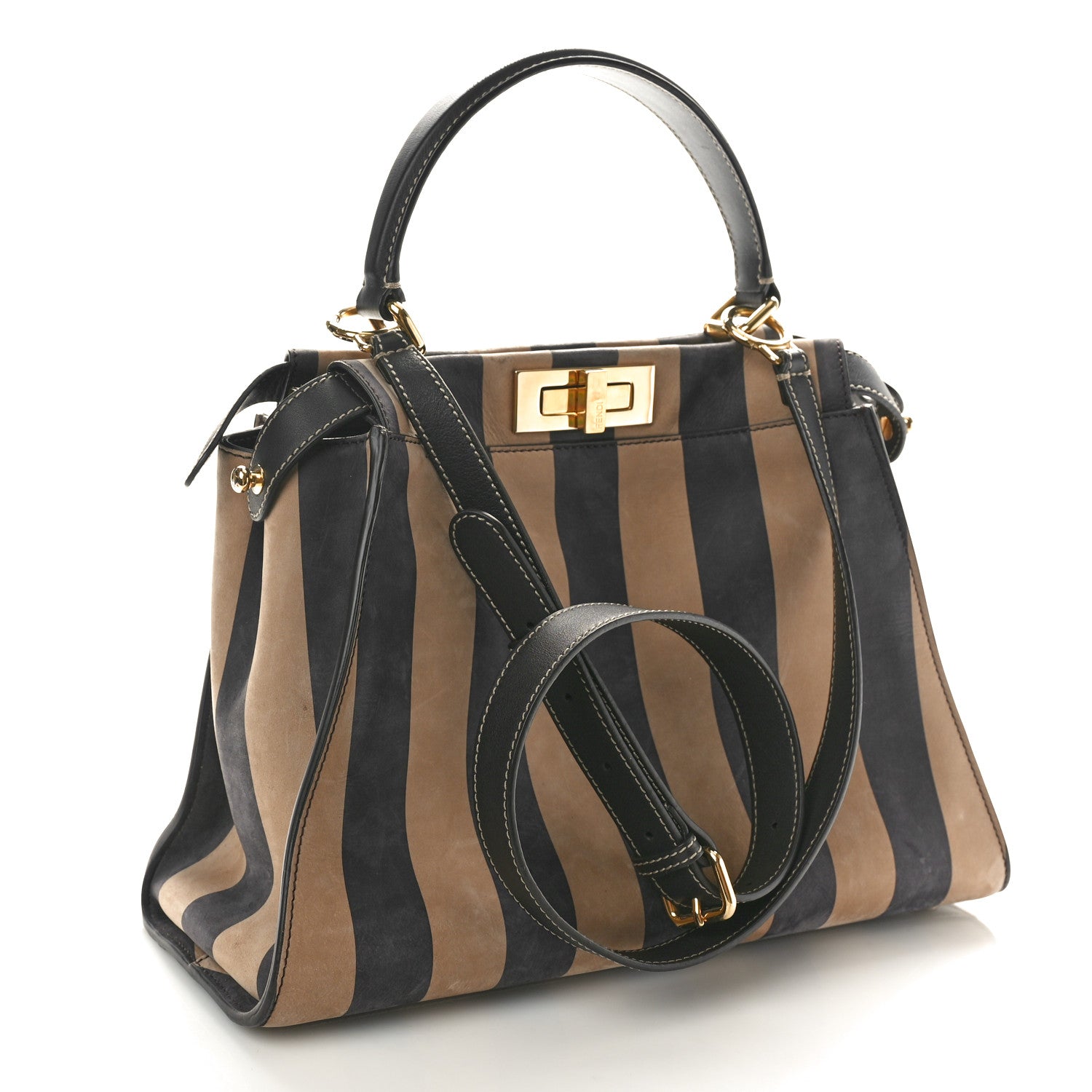 Fendi Vitello Nabuk Seta Pequin Medium Peekaboo Iconic Satchel Tobacco Moro Ebano 3 of 11