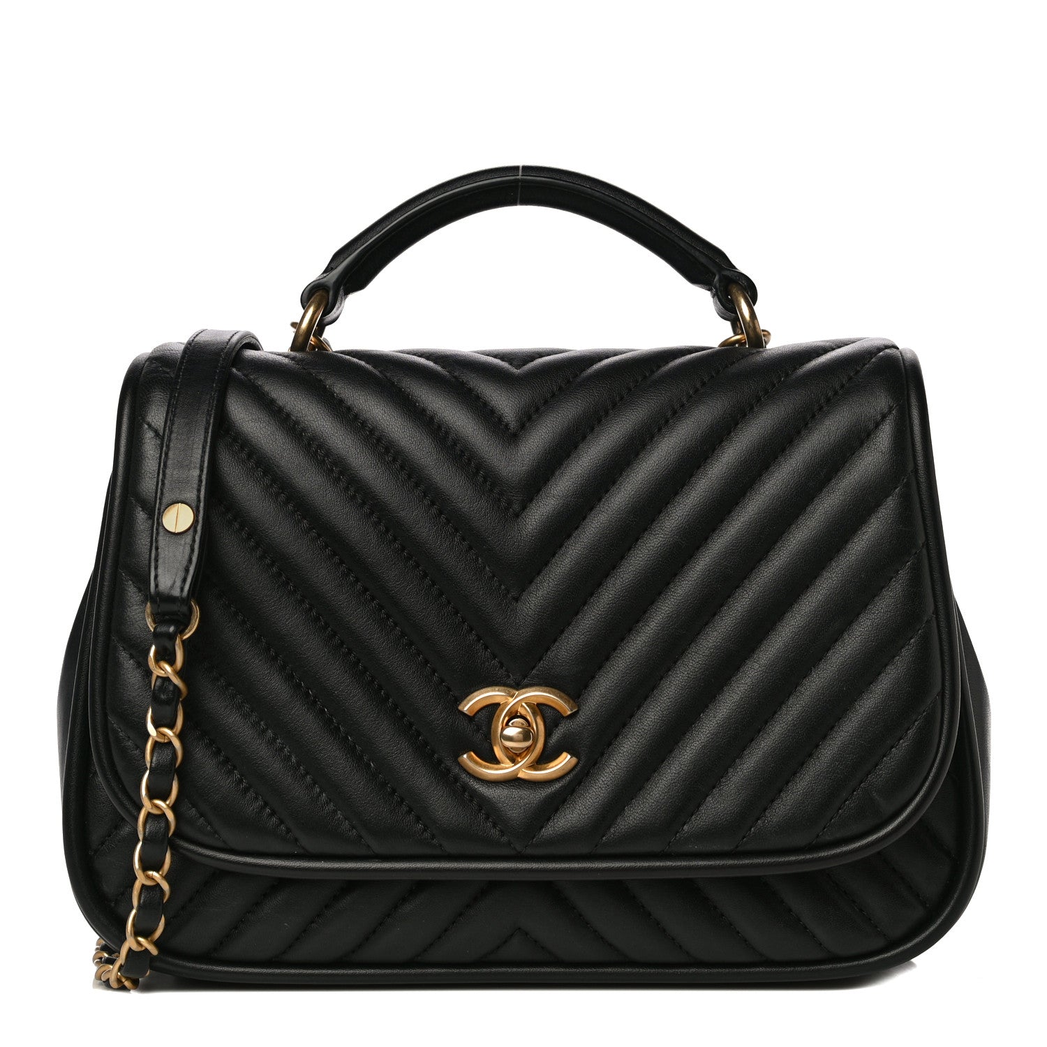 Chanel Lambskin Reverse Chevron Quilted Round Top Handle Flap Black 1 of 18
