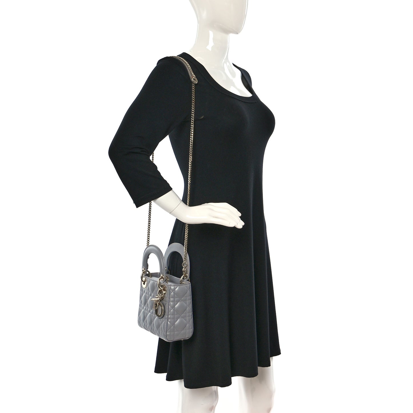 Metallic Lambskin Cannage Mini Lady Dior Grey