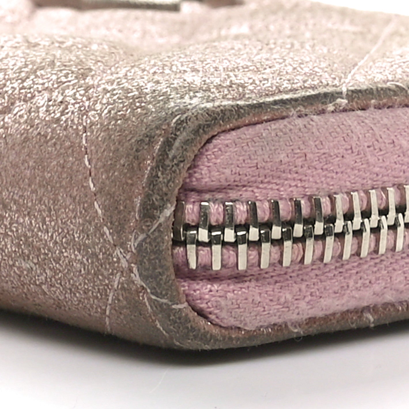 Iridescent Calfskin Quilted Large Gusset Zip Around Wallet Pink