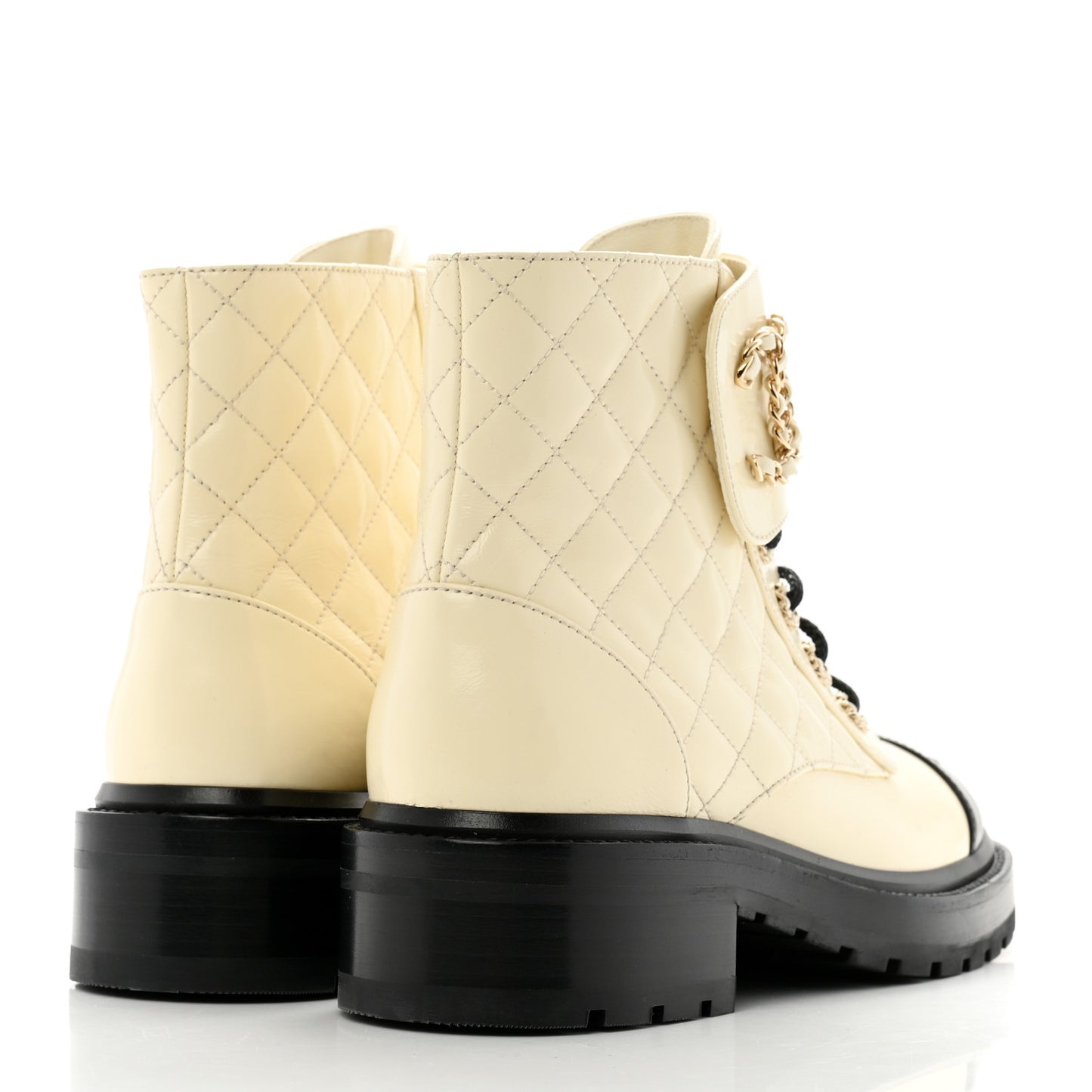 Shiny Calfskin Quilted Lace Up Combat Boots 37 Ivory Black