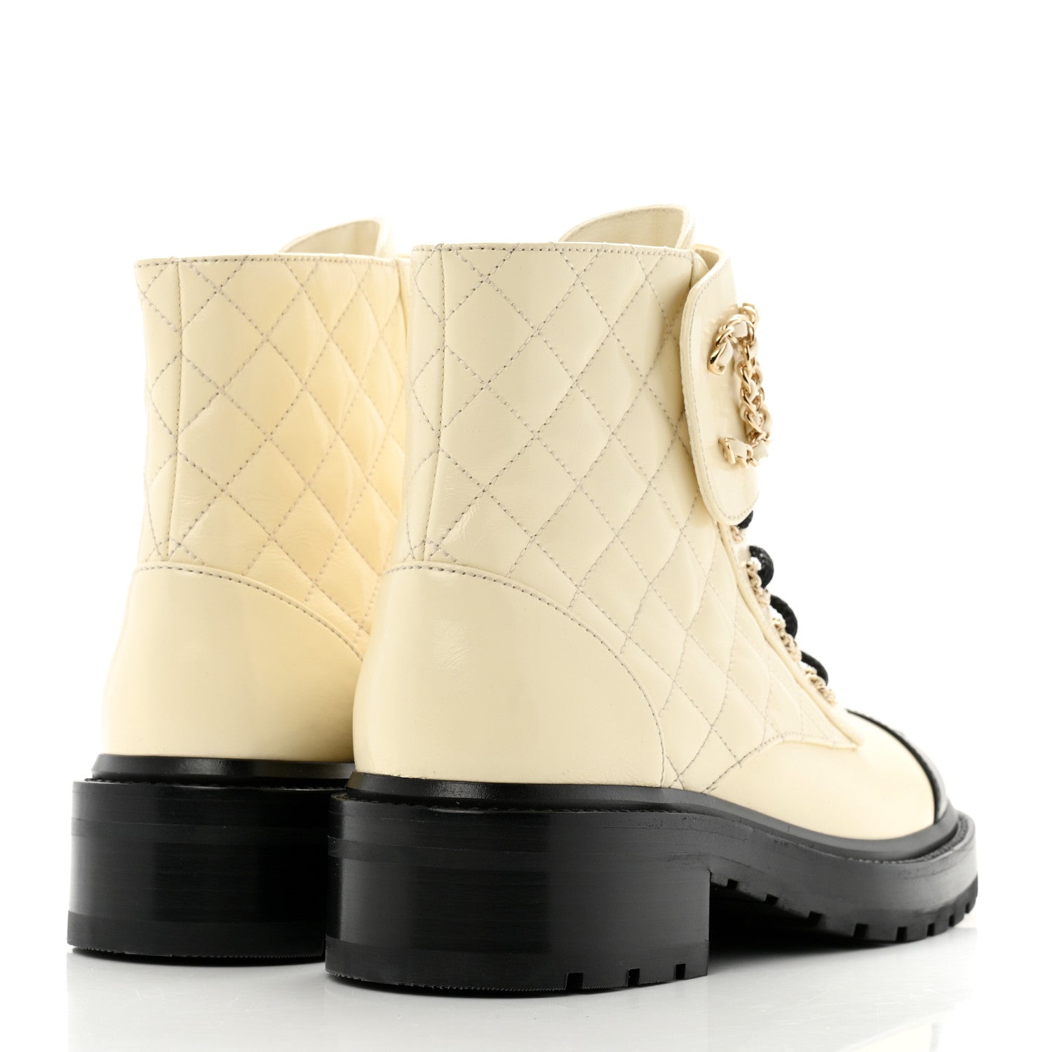 Chanel Shiny Calfskin Quilted Lace Up Combat Boots 37 Ivory Black 5 of 9