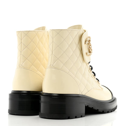 Chanel Shiny Calfskin Quilted Lace Up Combat Boots 37 Ivory Black 5 of 9