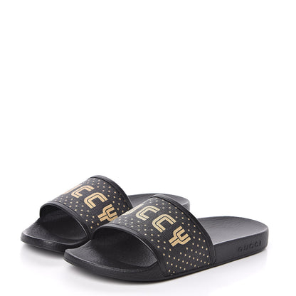 Gucci X SEGA Supreme Canvas GUCCY Stars Womens Slide Sandals 39 Black Gold 3 of 9
