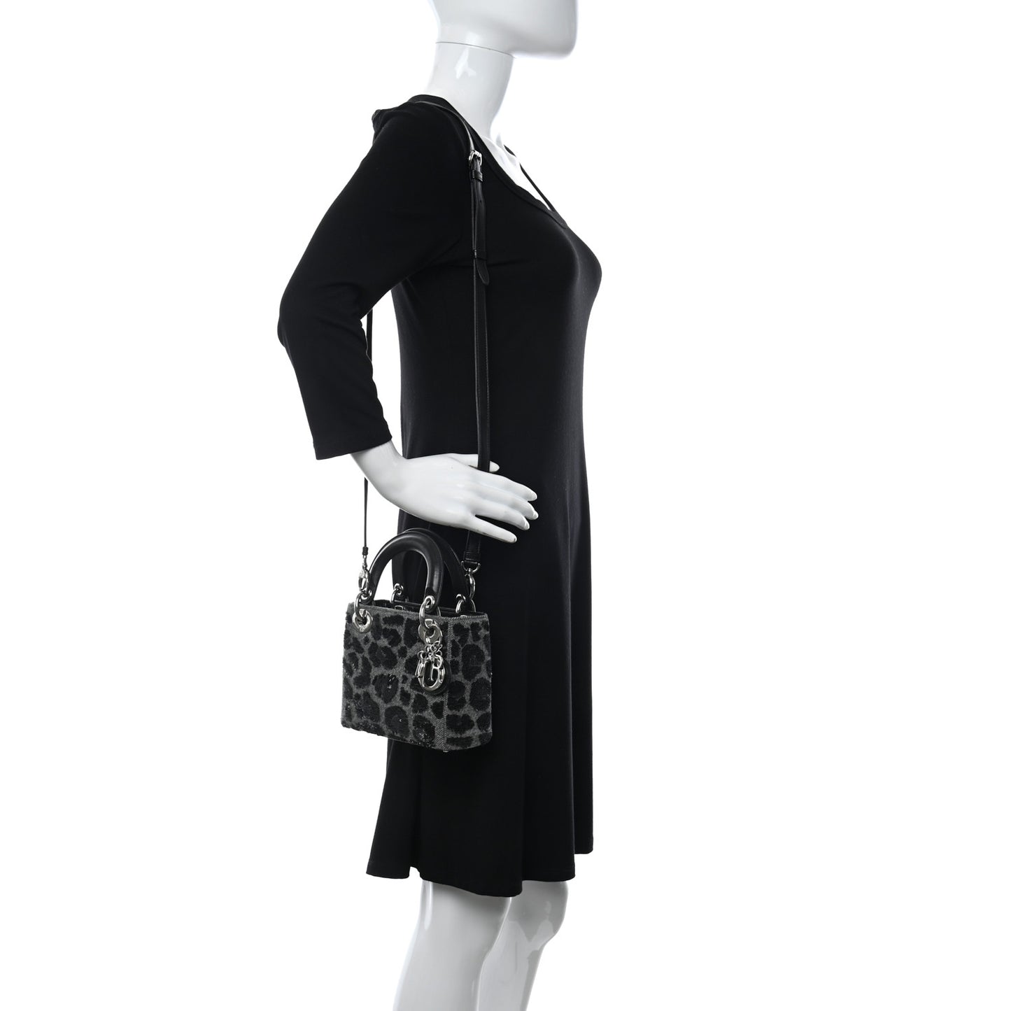 Wool Sequin Leopard Mini Lady Dior Grey Black