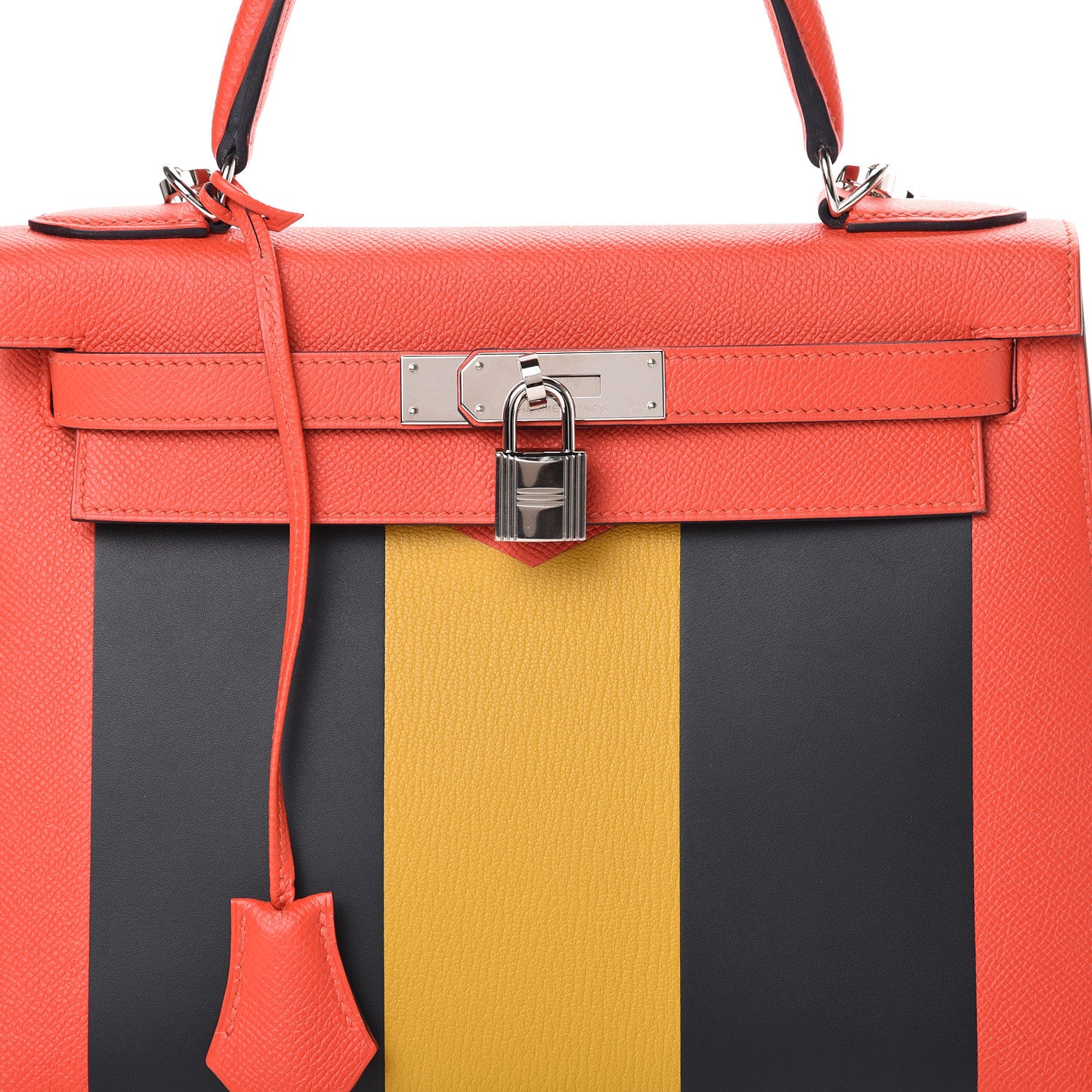Hermes Epsom Chevre Mysore Sombrero Kellygraphie Lettre M Kelly Sellier 28 Capucine Bleu Obscure Ambre 7 of 9