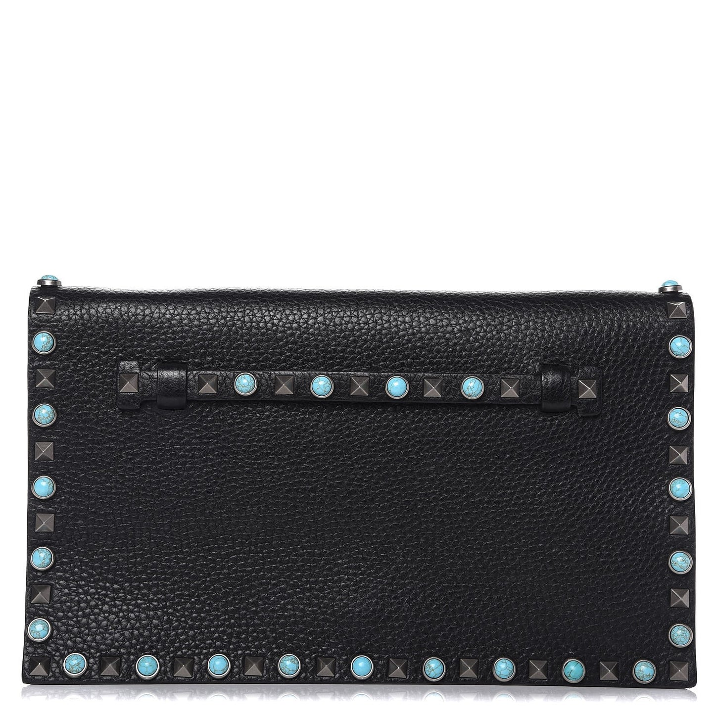 Pebbled Calfskin Rockstud Rolling Wristlet Clutch Black