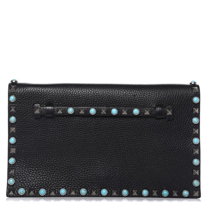 Valentino Garavani Pebbled Calfskin Rockstud Rolling Wristlet Clutch Black 1 of 8