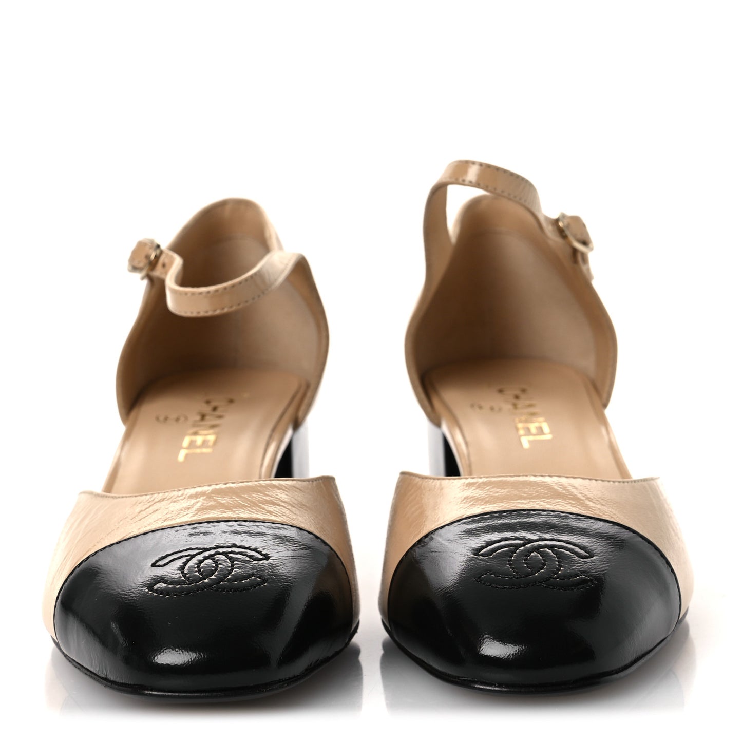 Shiny Lambskin CC Cap Toe Mary Janes Pumps 39.5 Beige Black