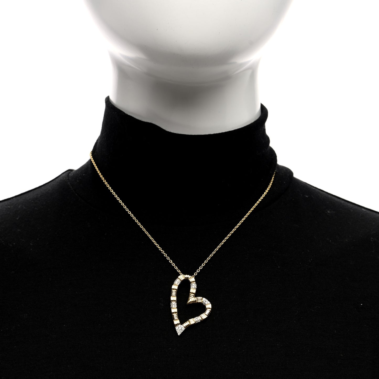 18K Yellow White Gold Diamond Open Heart Pendant Necklace Black