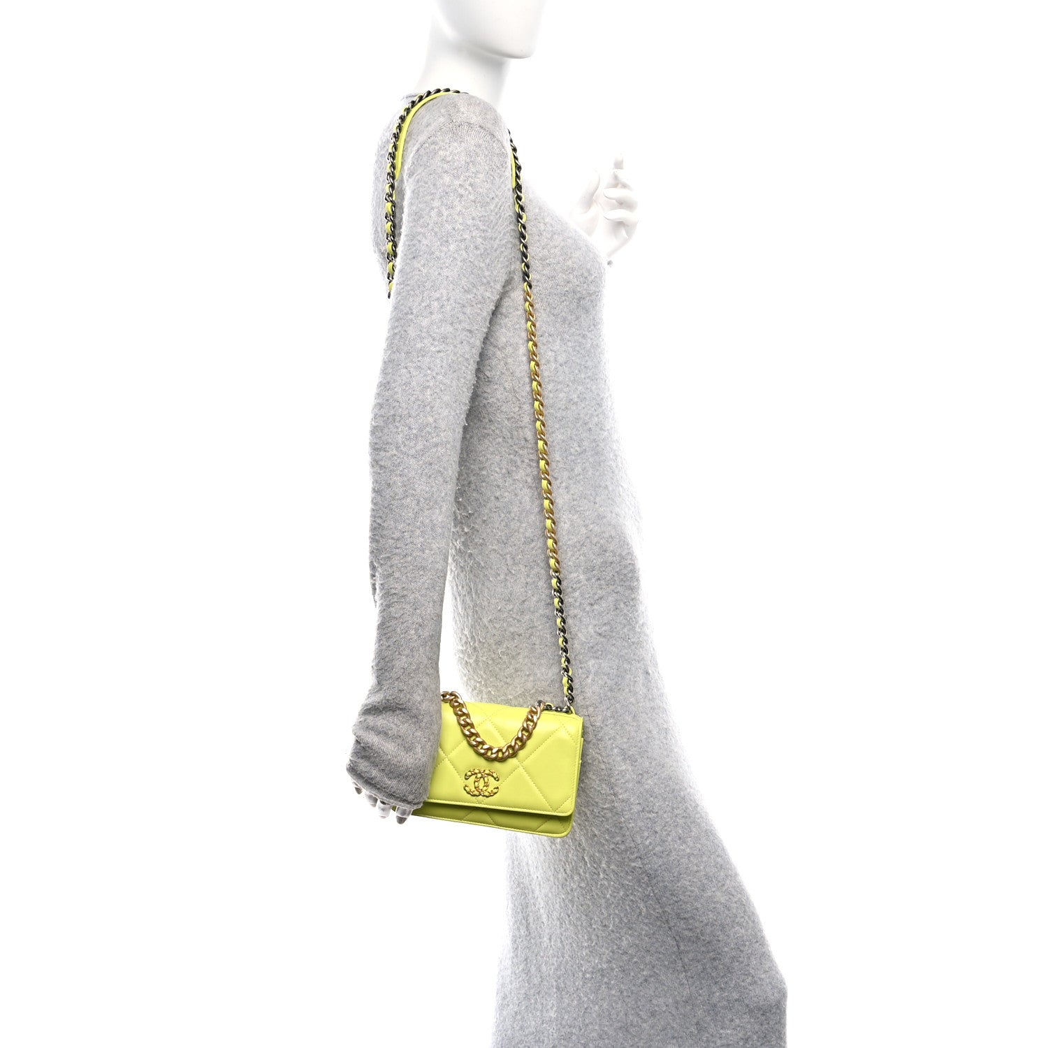 Chanel Shiny Lambskin Quilted Chanel 19 Wallet On Chain WOC Neon Yellow 2 of 11