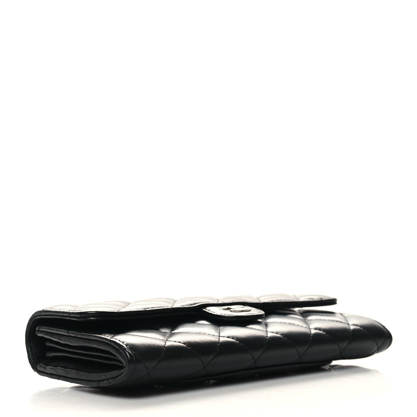 Lambskin Quilted Large Gusset Flap Wallet Black