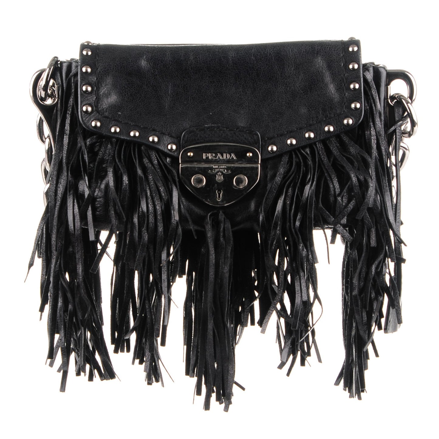 Glace Calf Fringe Studded Flap Hobo Nero Black