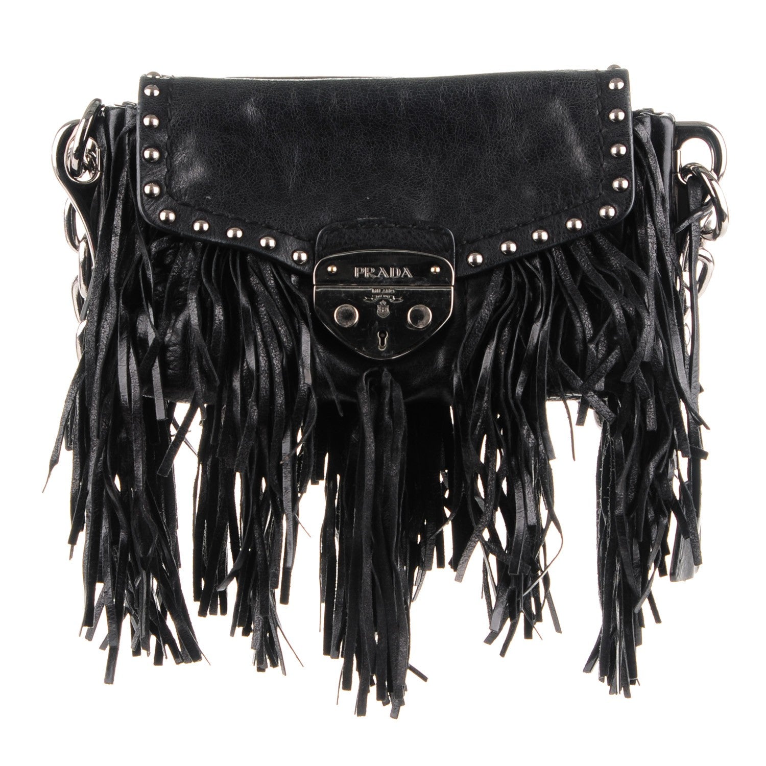 Prada Glace Calf Fringe Studded Flap Hobo Nero Black 1 of 10
