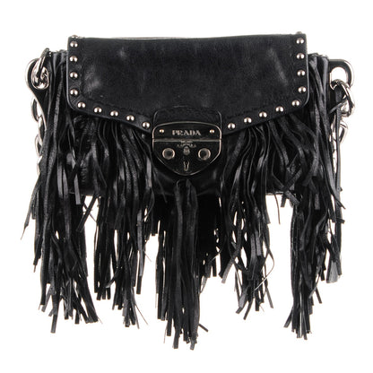Prada Glace Calf Fringe Studded Flap Hobo Nero Black 1 of 10