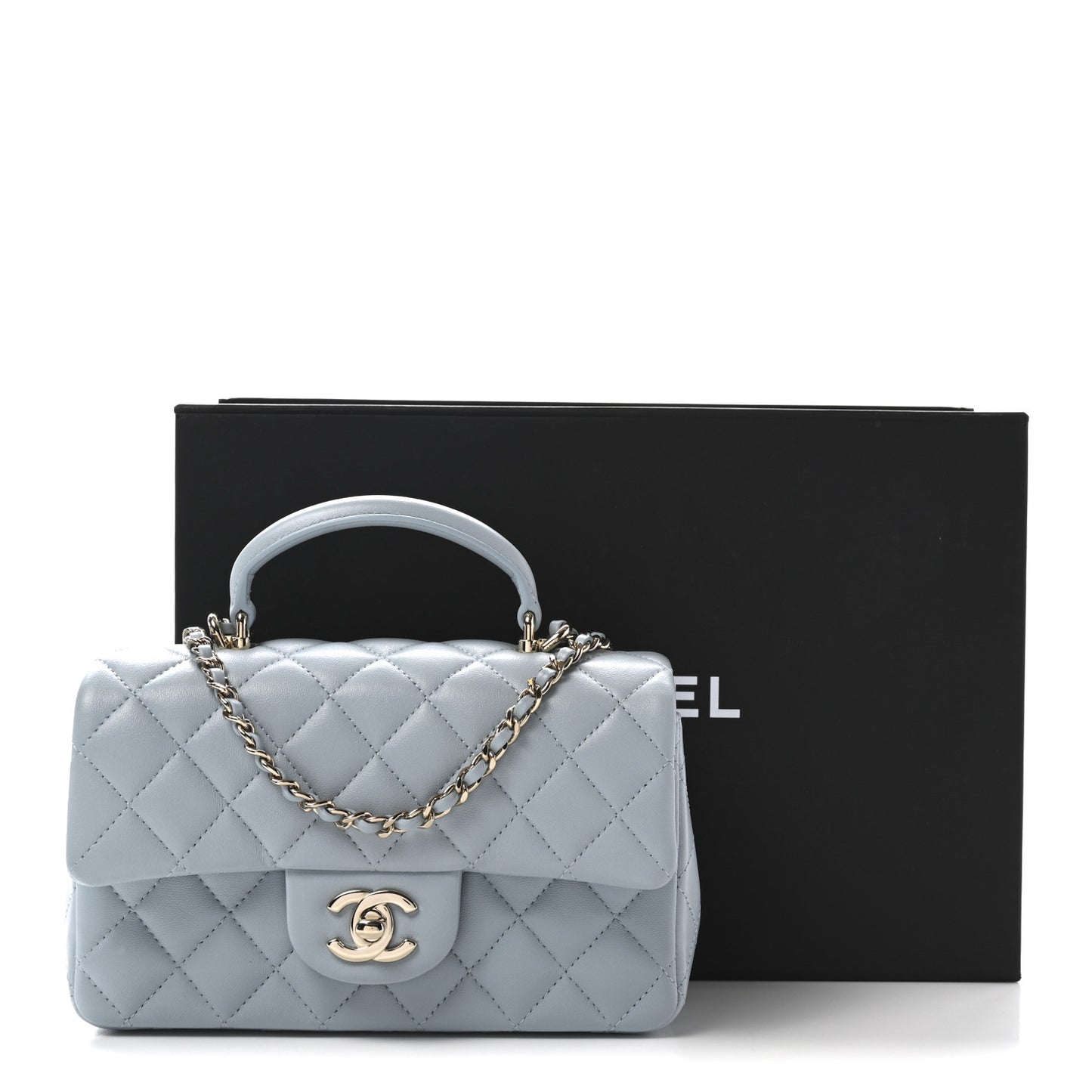 Lambskin Quilted Mini Top Handle Rectangular Flap Light Blue