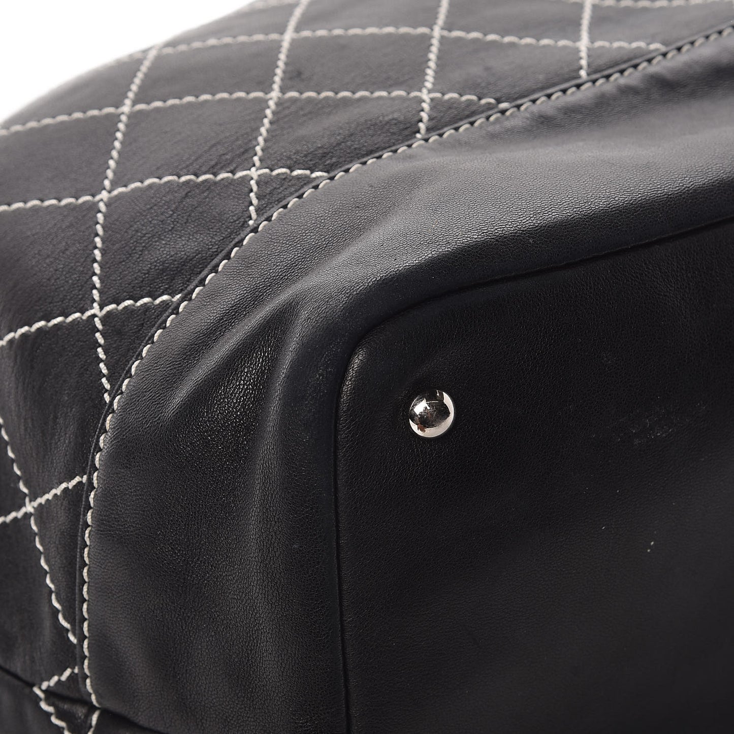 Lambskin Contrast Stitch Large Drawstring Tote Black