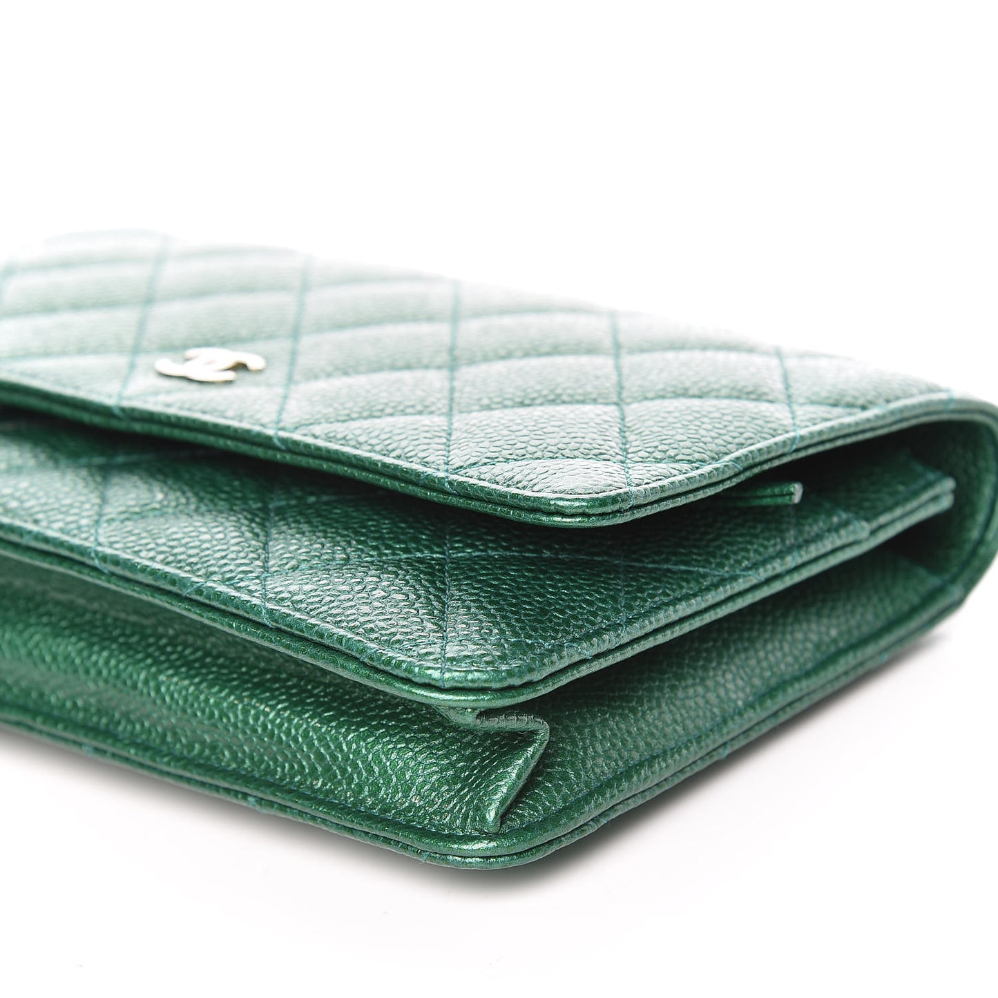 Metallic Caviar Quilted Wallet On Chain WOC Green