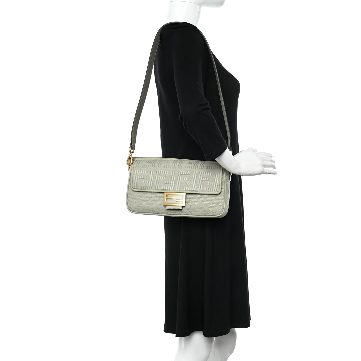 Canvas Vitello King FF Embroidered Baguette Green Tea