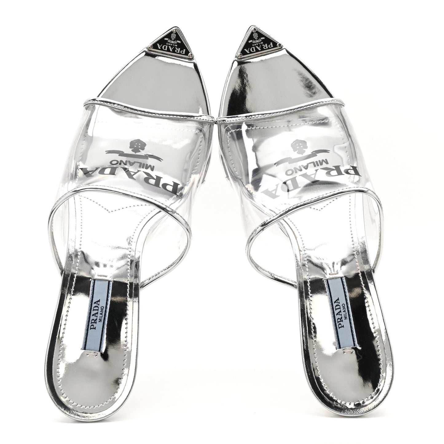 Plexiglass Metallic Calfskin Metal Triangle Logo 75mm Slide Sandals 40.5 Argento