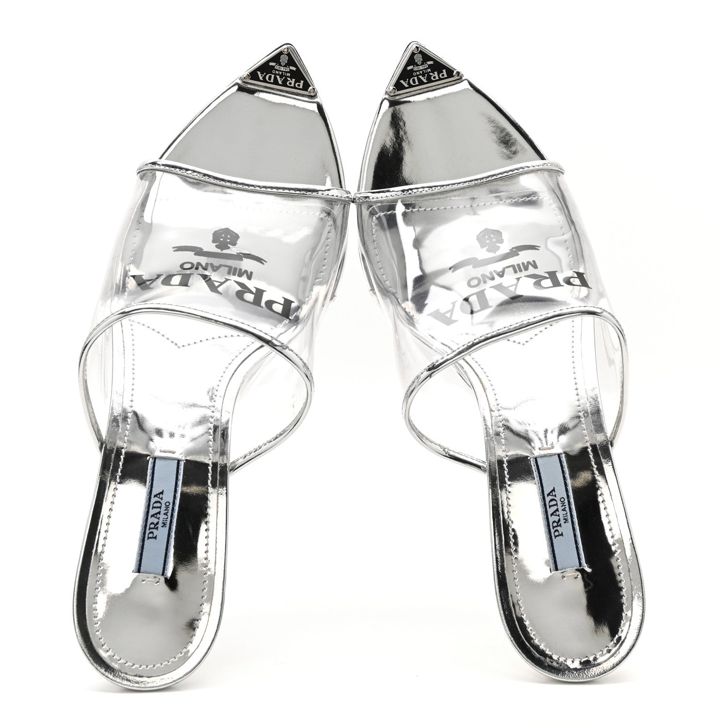 Prada Plexiglass Metallic Calfskin Metal Triangle Logo 75mm Slide Sandals 40.5 Argento 2 of 10