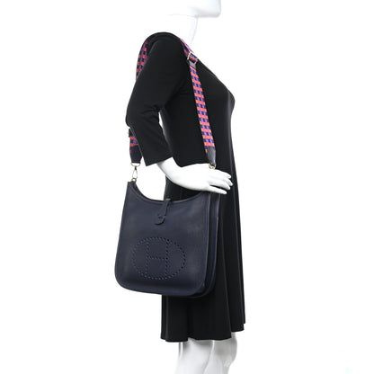 Hermes Taurillon Clemence Quadrille Evelyne III PM Bleu Nuit Bleu Saphir Anemone Capucine 2 of 10