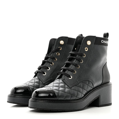 Chanel Pearly Calfskin Patent Calfskin Lace Up Combat Boots 38 Black 3 of 8